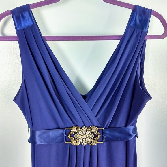 Scarlett Nite Dark Blue Fit-&-Flare Deep V-neck Dress w/ Embellished Ribbon Belt - Picture 3 of 8